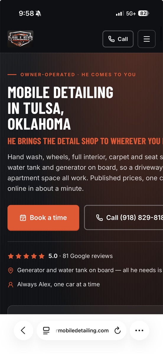 The website Metcalf Media built for Miller Mobile Detailing, shown on a phone